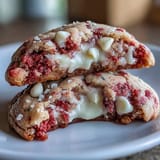 A plate of Valentine strawberry white chocolate cookies, soft and chewy with vibrant pink hues and creamy white chocolate chips, perfect for a romantic dessert.