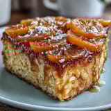 A golden almond cake topped with glistening candied orange slices, perfect for a naturally gluten-free dessert.  