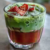 Vibrant layered strawberry matcha iced latte with creamy oat milk and fresh strawberry puree.  