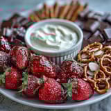 A vibrant snack board with leftover strawberries, sweet apple slices, and a tangy yogurt dip, perfect for sharing with friends.