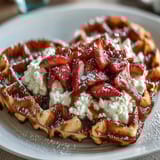 Golden waffles with a light, airy texture served alongside sweet strawberries and a smooth, tangy cottage cheese whip topping.