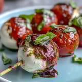 Picnic Caprese Skewers with Balsamic Drizzle: Juicy cherry tomatoes and creamy mozzarella alternate on skewers, garnished with basil and a tangy balsamic glaze.  