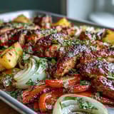 2. Easy one-pan chicken fajitas featuring juicy pineapple, smoky spices, and crisp bell peppers served with warm tortillas and fresh cilantro.  
