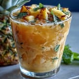 Two chilled glasses of pineapple coconut agua fresca on a rustic table, garnished with pineapple wedges and lime slices.