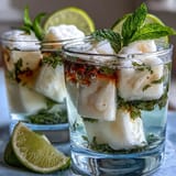 See translucent, homemade lychee agar jelly cubes chilled in sparkling yuzu and mint.