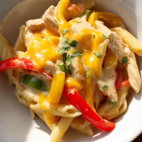 Freshly cooked Chicken Fajita Pasta in a skillet, featuring tender chicken strips, sautéed peppers, onions, and zesty seasonings, ready for a weeknight dinner.