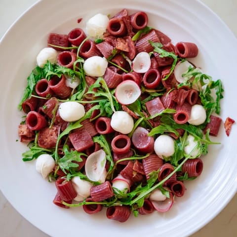 Close-up of Spring Antipasto Pasta Salad with vibrant cherry tomatoes, red onion, and zesty dressing.  