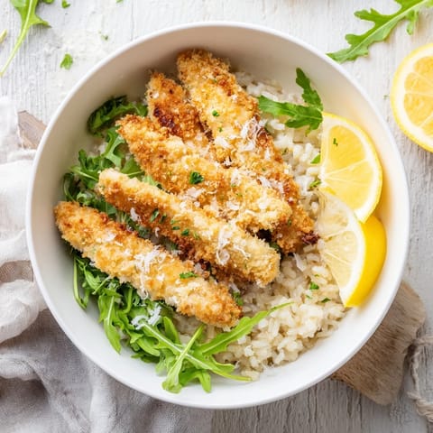 Crispy Parmesan chicken cutlet bowl features golden, crunchy chicken strips layered on warm rice with peppery arugula and a bright lemon squeeze.