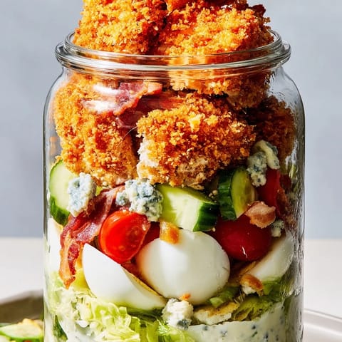 Shaken Crispy Chicken Cobb Jar Salad topped with creamy dressing and avocado.