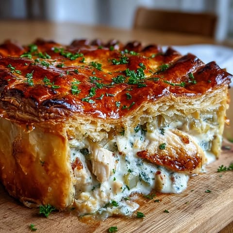 A hearty British-inspired Chicken and Leek Pie straight from the oven, served beside fresh peas for a complete, comforting dinner.