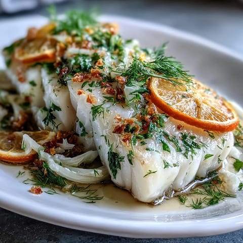Delicate poached cod with fennel and orange, garnished with fresh fennel fronds and citrus zest on a simple serving plate.