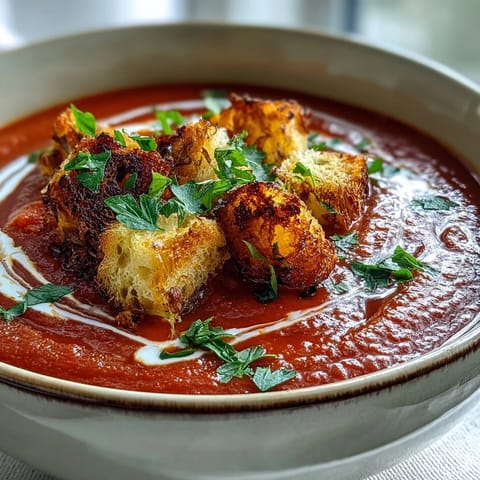 Silky roasted red pepper soup with crispy croutons in a rustic bowl, garnished with fresh parsley.