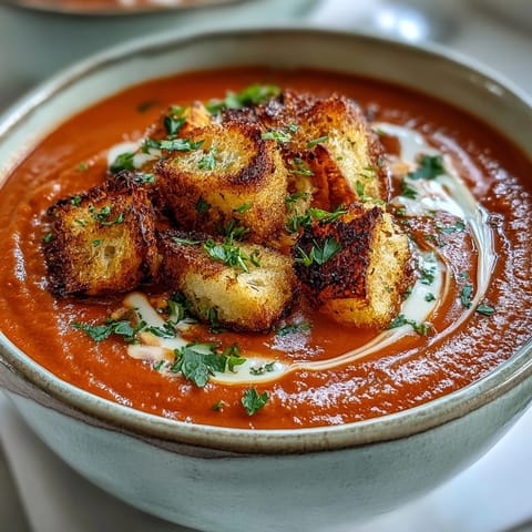 A bowl of roasted red pepper soup topped with crunchy homemade croutons and a drizzle of harissa.