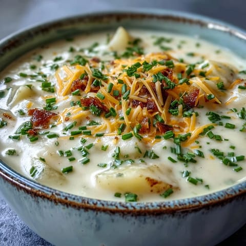 Velvety Cream of Potato Soup in a white bowl, garnished with fresh chives and cracked black pepper.