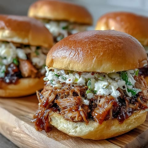 Shredded Applesauce Pulled Pork Sandwiches served on buns with tangy apple cider sauce and a side of dill pickles.