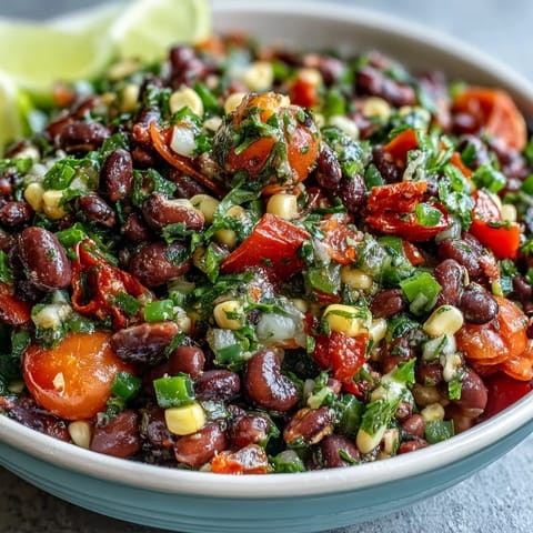 Colorful Cowboy Caviar in a rustic bowl with fresh lime wedges for zesty flavor.