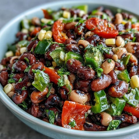 Hearty Cowboy Caviar dip with tortilla chips and diced avocado on a wooden table.