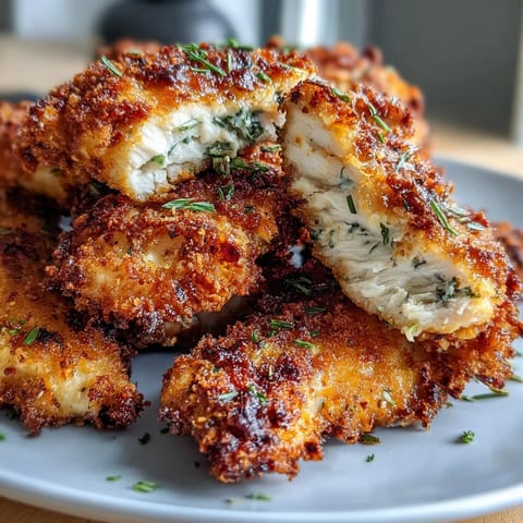 Perfectly cooked Air Fryer Chicken Strips featuring a juicy interior and golden Parmesan breadcrumb coating, resting on a white plate.