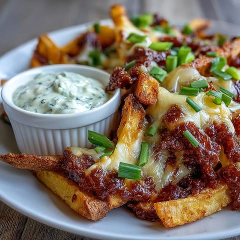 A close-up of Cheesy BBQ Fries with Ranch Dip, topped with sliced spring onions on a rustic platter.
