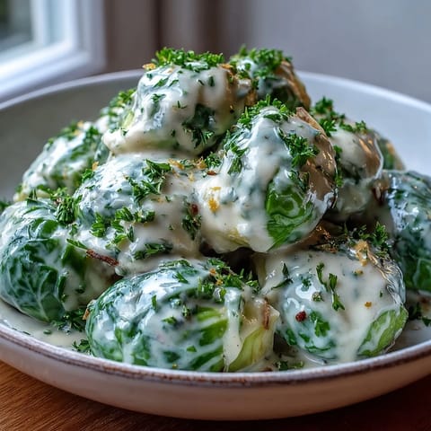 Tender Brussels sprouts in a velvety cream cheese mustard sauce, steaming in a skillet with sautéed onion and garlic for an aromatic vegetarian main.