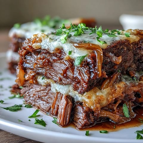 In a crock pot, Savory Crock Pot French Onion Pot Roast simmers in rich beef broth with caramelized onions and thyme.