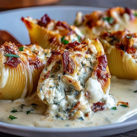 Jumbo Pumpkin & Gouda Stuffed Shells baked in nutty brown butter Alfredo with crispy sage garnish.