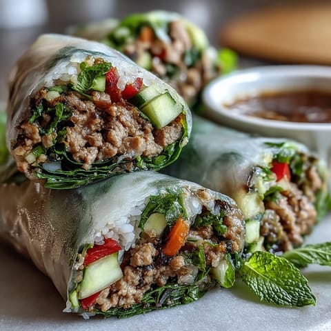 Thai Basil Beef Rolls plated with a tangy dipping sauce, showcasing soft rice paper wrappers and vibrant fillings.