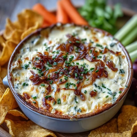 A golden, creamy Smoked Gouda & Onion Dip served with crunchy tortilla chips.