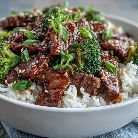 A close-up view shows glossy Beef and Broccoli Bowl ingredients glistening with sauce, garnished with green onions and sesame seeds.