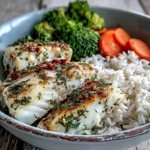 Herb-baked tilapia fillets rest on fluffy white rice with vibrant steamed broccoli and carrots, ready to serve.
