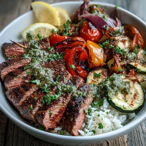 Savory sheet pan steak and veggie bowl garnished with fresh parsley and a bright lemon wedge, perfect for a weeknight meal.  