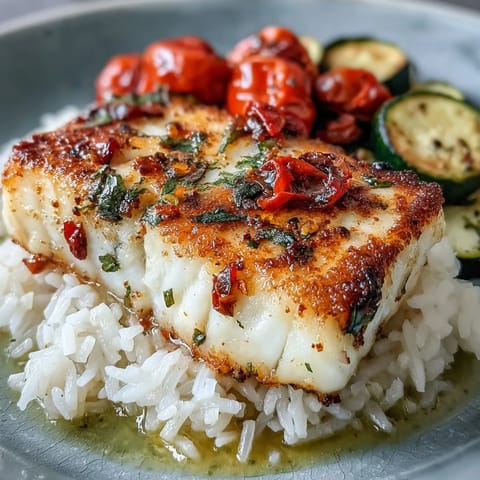 Pan-Seared Fish Bowl featuring golden seared fish fillet atop rice and colorful roasted vegetables, finished with fresh parsley.
