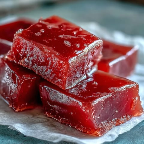 Glossy, deep pink guava paste, firm enough to slice, served with sharp Manchego cheese and buttery crackers.