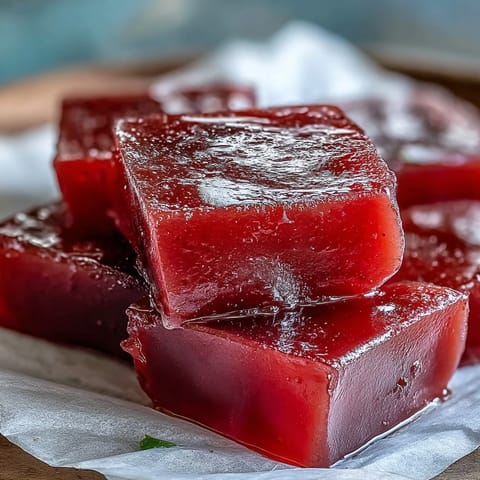 Homemade guava paste cooling in a lined loaf pan, smooth texture ready for pastries or desserts.