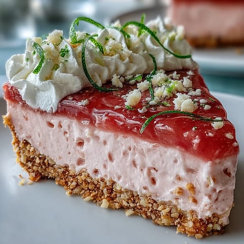 Cool slice of Guava Cloud Pie reveals a creamy pink filling, crumbly crust, and light whipped cream topping, ideal for a refreshing sweet treat.