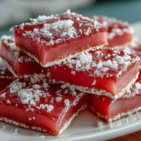 Freshly cut Guava Cheese fudge squares on a rustic wood serving board.