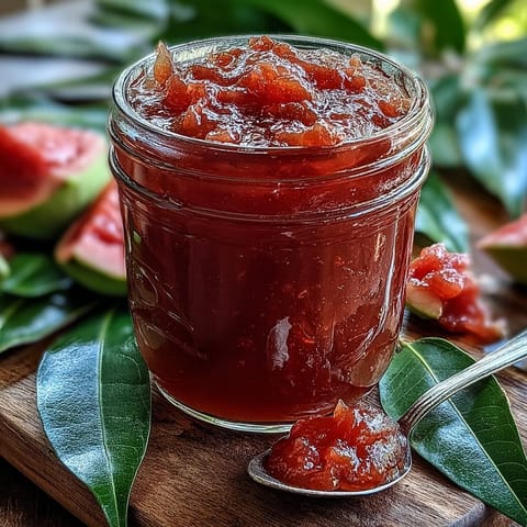 Thick, vibrant Guava Preserves in a clear jar with a spoon, glowing in morning light. 