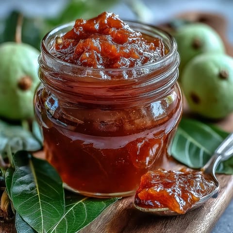 A warm slice of toast spread with homemade Guava Preserves beside fresh guavas. 