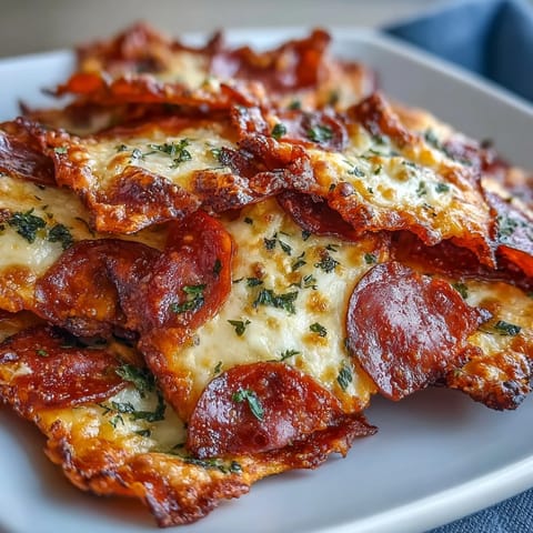 Freshly baked Pepperoni Cheese Crisps served warm on a wire rack for keto-friendly snacking.