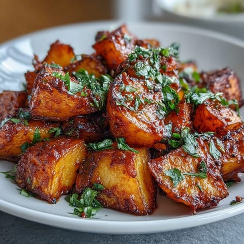 Spicy Mexican-Style Street Potatoes served hot in a rustic dish with creamy crema drizzle for dipping.