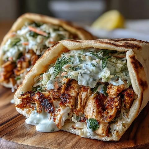 Savory spiced chicken nestled in a pita pocket, generously stuffed with crisp cabbage, carrots, and bright green herbs.