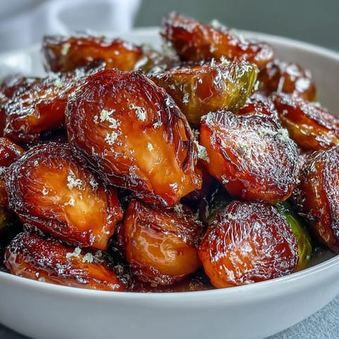 Freshly roasted Irresistible Orange Maple Glazed Brussels Sprouts piled high in a white ceramic serving bowl, garnished with bright orange zest. 