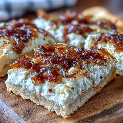 Freshly baked Goat Cheese & Caramelized Onion Flatbread served warm with a glass of crisp white wine.