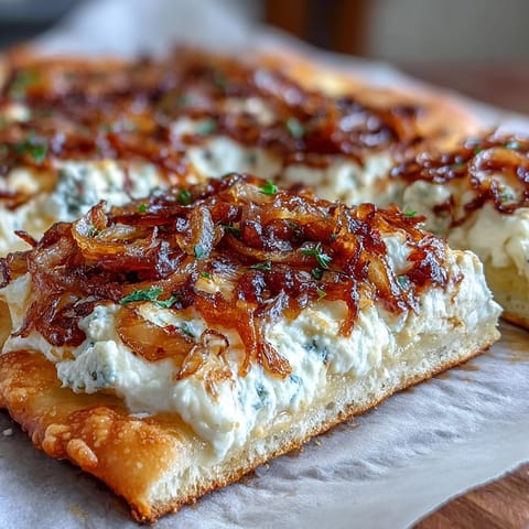 Golden Goat Cheese & Caramelized Onion Flatbread topped with fresh thyme and honey drizzle on a wooden board.