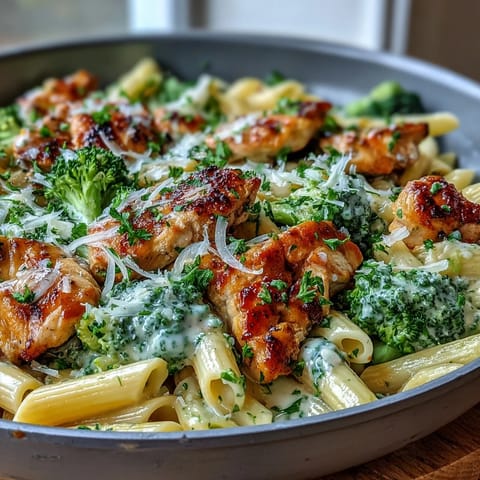 Freshly cooked penne pasta tossed with golden chicken, steamed broccoli, and melted Parmesan in a garlicky cream sauce, topped with parsley.