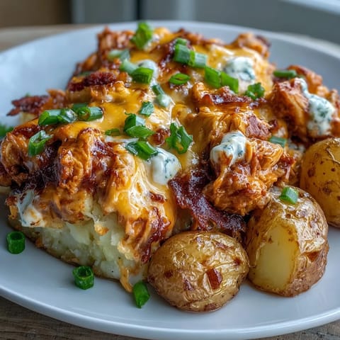 Sizzling Buffalo Ranch Chicken Potato Bake fresh from the oven, garnished with melted cheese and green chives.