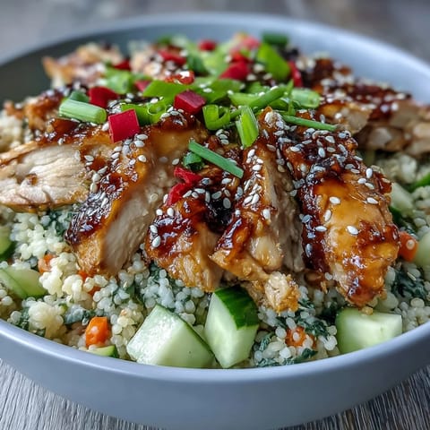 A platter of Sesame Ginger Chicken Couscous Bowls features tender chicken, fluffy couscous, and crisp vegetables on the side. 