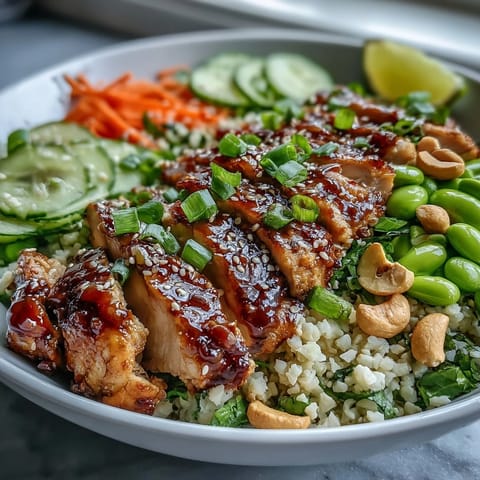 Tender sliced chicken and bright vegetables sit atop sesame ginger chicken couscous bowls, drizzled with sesame-ginger dressing.