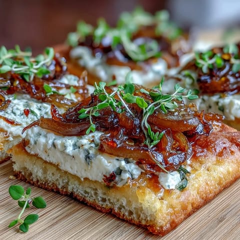 Golden-baked Goat Cheese & Caramelized Onion Flatbread topped with fresh arugula and a honey drizzle on a rustic wooden board.