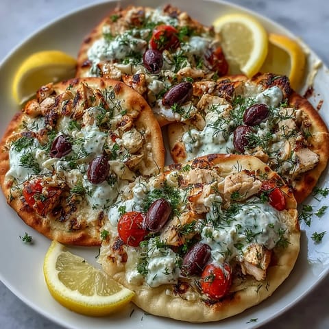 Golden-baked Lemon Feta Chicken Naan Pizza topped with juicy chicken, red onions, and Kalamata olives.